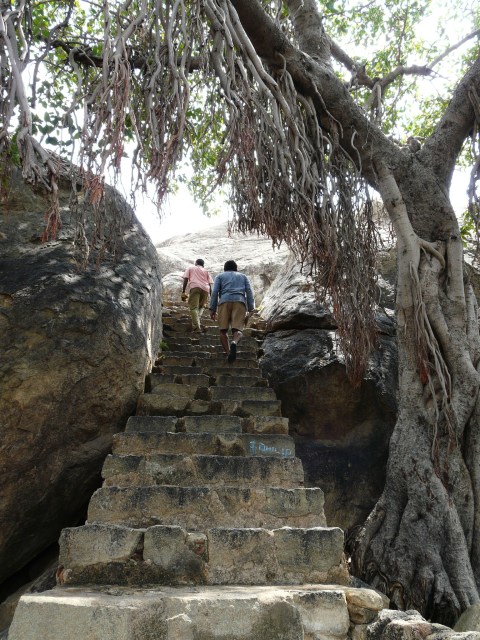 Steps up to rock-cut Jain relief Sculptures, Kalugumalai, Tamil Nadu